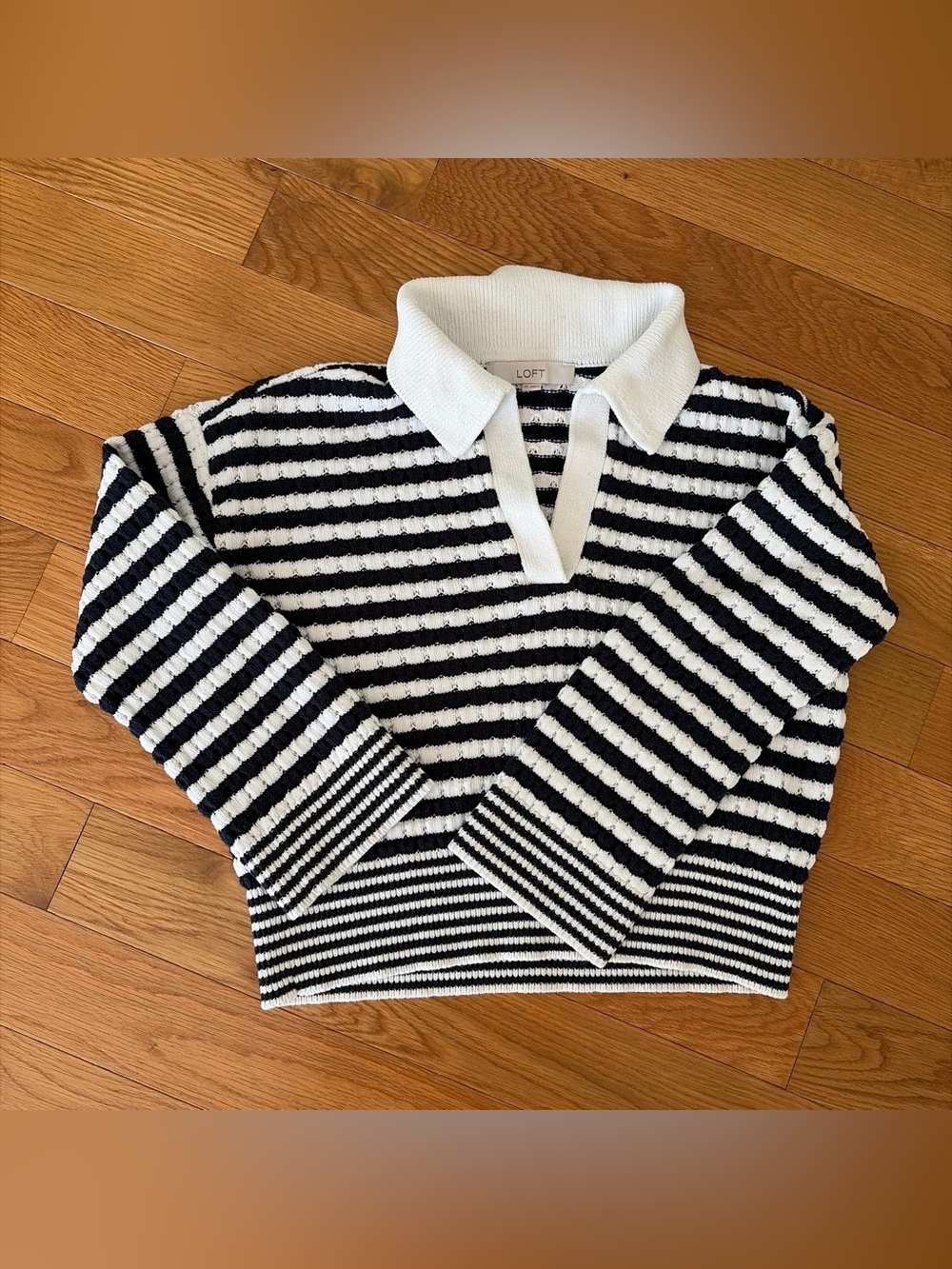 LOFT Navy & White Striped Polo V‑Neck Sweater Cropped